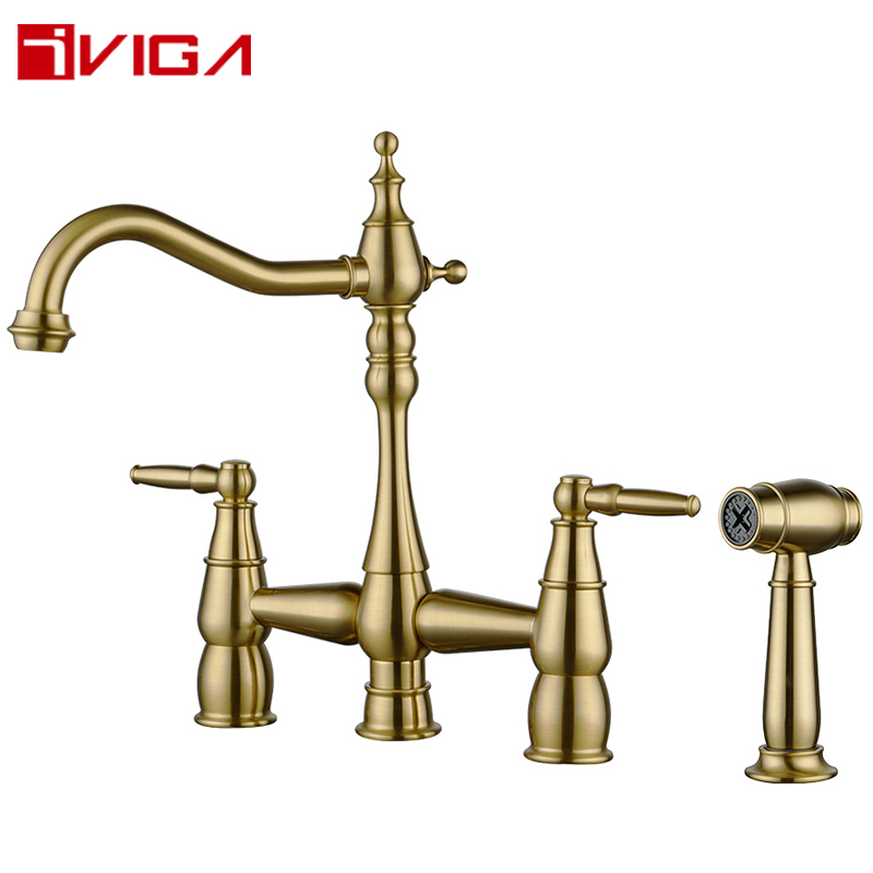 Centerset Bridge Faucet with Side Sprayer and 360 Degree Swivel Spout for Sink
