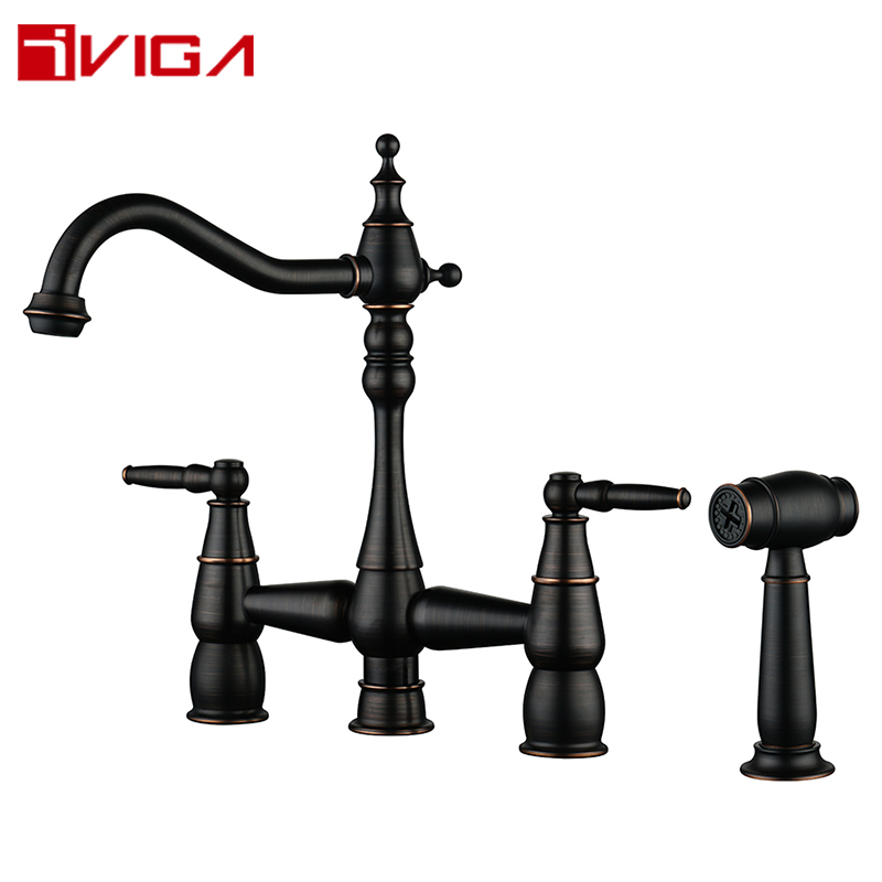 Brass Faucet with Sprayer,2 Handle 8 Inch 360° Swivel Antique Kitchen Sink Faucet,Oil Rubbed Bronze