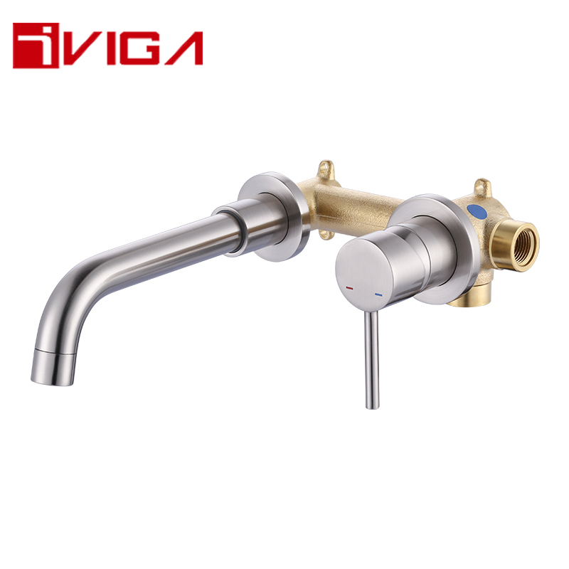 Brushed Nickel Wall Mount Bathroom Faucet with Rough-in Valve
