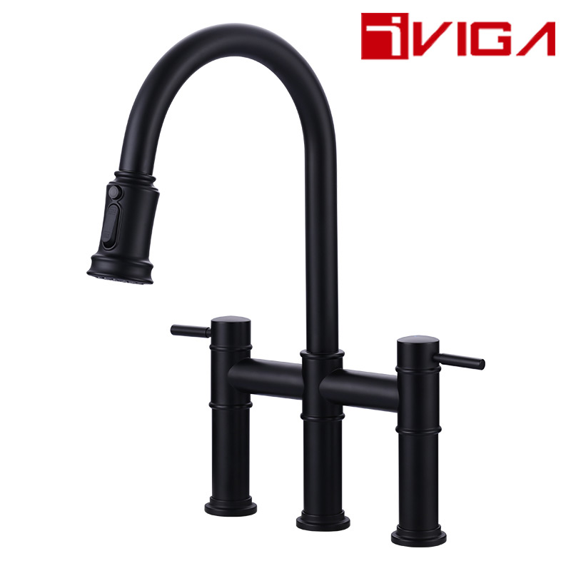 3 Hole Kitchen Bridge Faucet With Pull Down Sprayer Hot Cold Water Mixing Tap 99211001DB